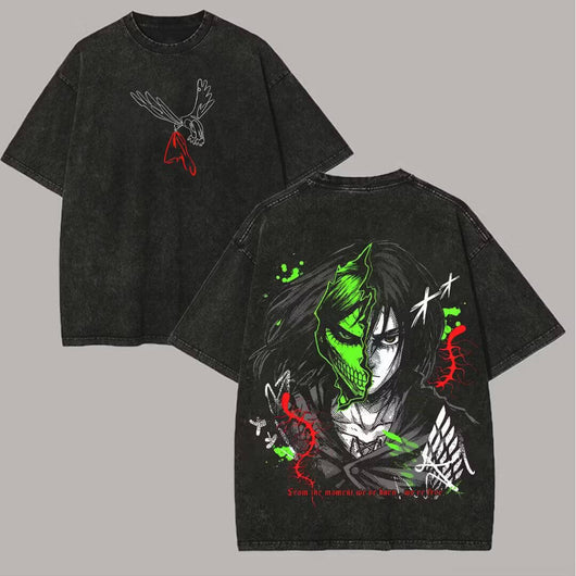 Attack on Titan Eren Yeager Printed Unisex Washed T-Shirt