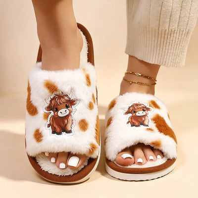 Highland Cow Print Plush Women’s Slippers